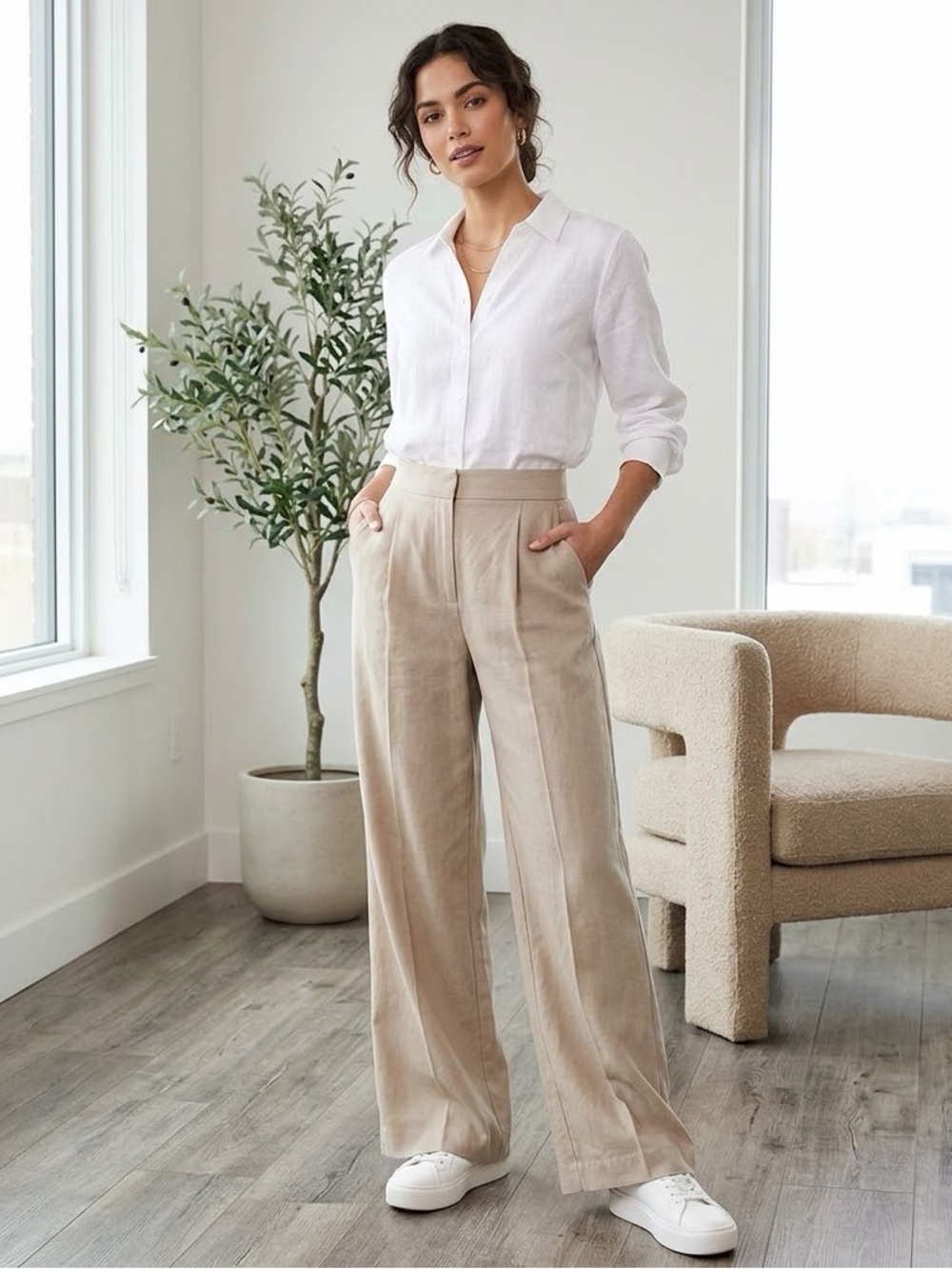 NWT H&M Women's 0 Beige Wide-Leg Trouser Dress Pants Classic EUR 32